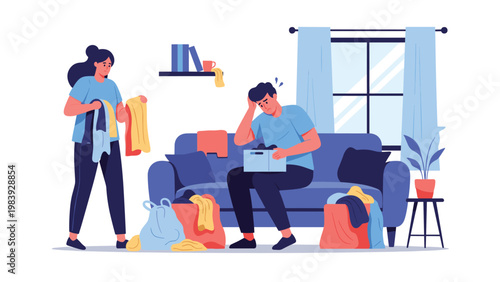 Stressed man sits on a sofa surrounded by piles of laundry while a woman helps him organize and sort clothes in a messy living room setting.