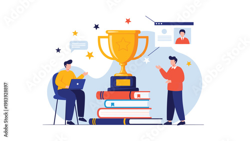 Successful team celebrates their achievement with a giant golden trophy placed on a stack of books representing knowledge and hard work.