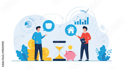 Financial advisors discuss long term investment strategies involving savings and real estate with a piggy bank and hourglass on the desk.