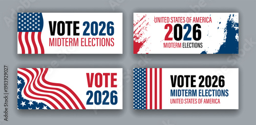 United States Midterm Elections 2026 Banner Set with American Flag. Vector illustration.