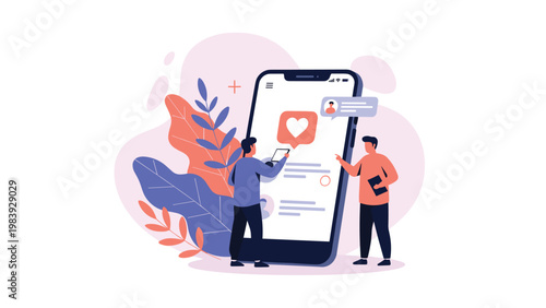 Two men interact with a giant smartphone displaying a social media profile to manage online engagement and connection in a digital space.