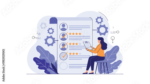 Human resources manager reviews job applications on a giant document with ratings and checkmarks to select the best candidate for a role.