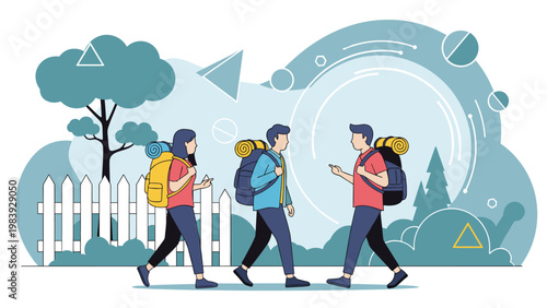 Group of young friends enjoys a hiking trip in a beautiful park with trees and a white fence while carrying backpacks and gear for camping.