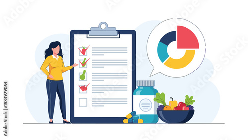 Health conscious woman reviews a nutrition checklist next to a bottle of vitamins and a bowl of fresh vegetables to maintain a balanced diet.