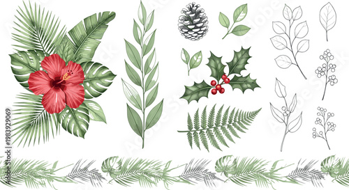 Watercolor botanical collection with tropical leaves hibiscus flower pine cone holly berry branches and foliage decorative vector set