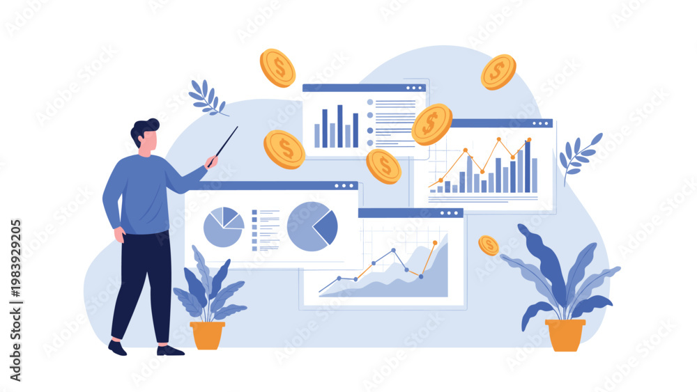 Obraz premium Financial analyst pointing at floating digital windows showing business growth metrics and falling gold coins.