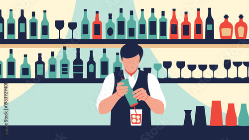 Professional bartender in a vest mixing a cocktail behind a bar counter stocked with many colorful liquor bottles.