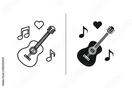 Acoustic Guitars with Musical Notes and Hearts, Black and White Vector Illustration