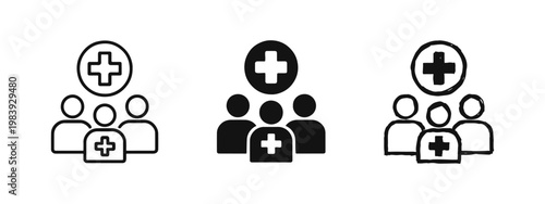 Medical team icon set, healthcare staff and medical group symbols in thin line, solid and hand drawn styles