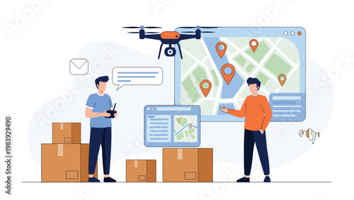 Two men managing logistics and drone delivery operations using a large map with location pins on a digital screen.