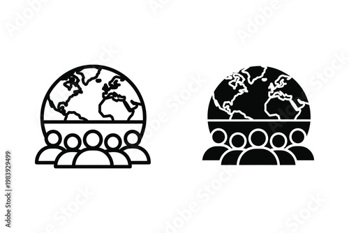 Global Community Icon: Diverse People United Under Planet Earth Flat Design Vector Illustration