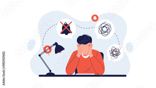 Stressed man sitting at a desk with his head in his hands due to an overwhelming number of digital notifications.