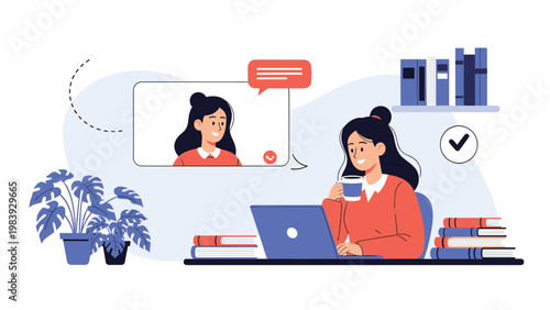 Cheerful woman participating in a video call on her laptop while enjoying a cup of coffee in a home office.