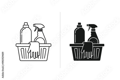 Cleaning Supplies Basket with Spray Bottles and Gloves, Line Art and Silhouette Vector Illustration
