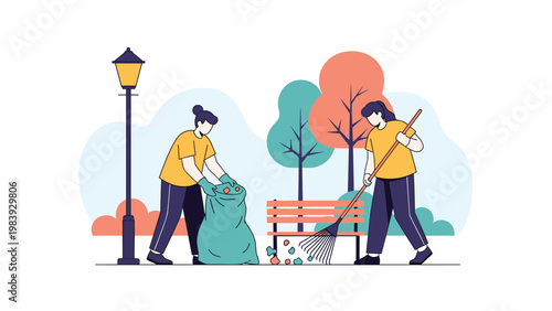 Dedicated volunteers work together to clean up a local public park by raking fallen leaves and picking up trash in trash bags.