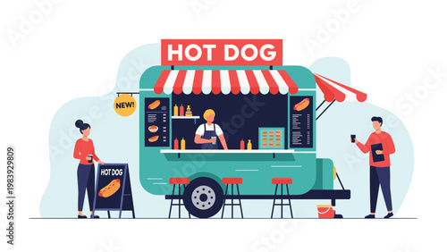 Friendly vendor serves customers at a modern hot dog food truck parked in a city square during a sunny day of outdoor dining.