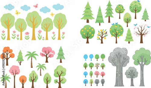 Flat tree collection set with various seasonal forest plants including cartoon trees nature elements isolated vector illustration bundle