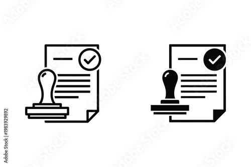 Approved document icon with checkmark and stamp, flat design vector illustration