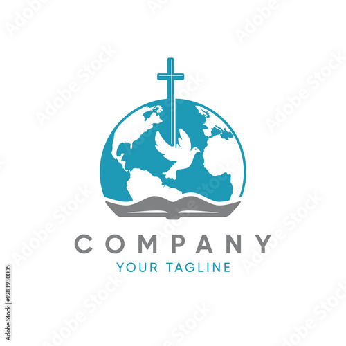 Book, globe and cross design on white background. Logo vector design