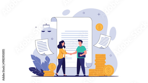 Business partners conclude a successful investment deal by shaking hands in front of a large contract and stacks of money.
