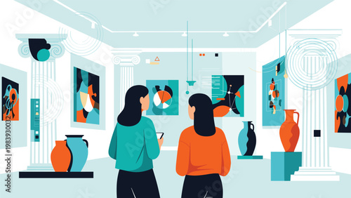 Cultured visitors appreciate ancient artifacts and abstract paintings while exploring a modern museum and art gallery space.