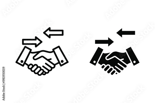 Two handshake icons with opposing arrows, business agreement and transaction vector illustration