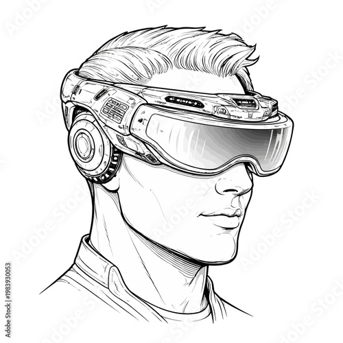 Futuristic VR headset worn by a man, line art illustration of cybernetics