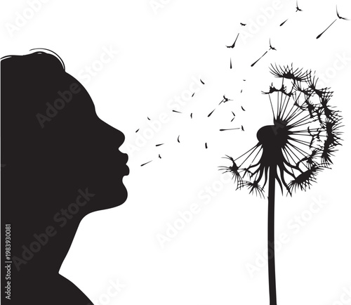 Silhouette of a girl blowing on a dandelion woman flower