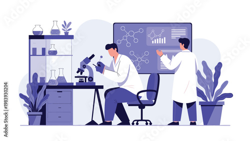 Research scientists conduct complex laboratory experiments and analyze molecular diagrams to advance medical biotechnology.