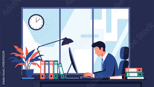 Committed businessman works overtime in a quiet office late at night to complete urgent projects and meet important deadlines.