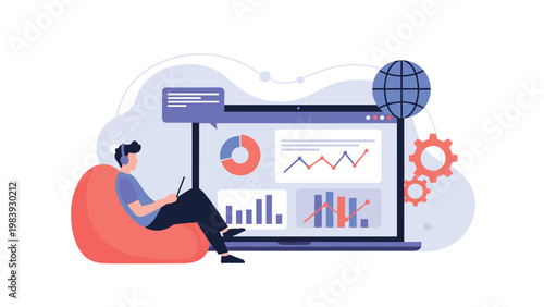 Remote employee analyzes business data on a large screen while sitting in a comfortable beanbag chair with a laptop.