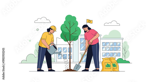 Two dedicated women planting a young tree near a modern building by digging with a shovel and watering the soil to promote green growth.