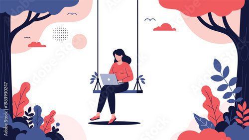 Young woman sitting on a swing in a stylized forest environment while working on her laptop computer during a peaceful outdoor session.