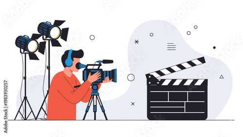 Professional cameraman using a high-quality video camera on a tripod next to a large film clapperboard in a stylized production studio.