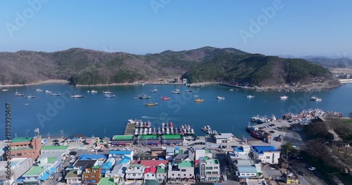 Aerial Drone Footage of Peaceful Ocheon Port and Chungcheong Suyeongseong Fortress, Boryeong, South Korea