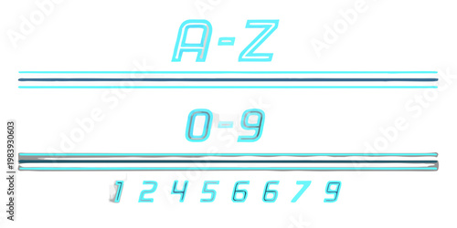 Neon alphabet and numbers displayed against a dark background