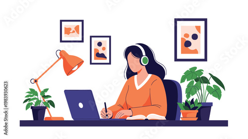 Focused woman wearing green headphones while working on her laptop at a desk with a lamp, plants, and an open book.