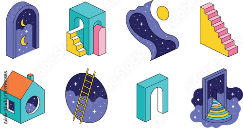 Surreal abstract architectural elements set with stairs, doors and cosmic shapes, imaginative dreamlike illustration collection for creative design