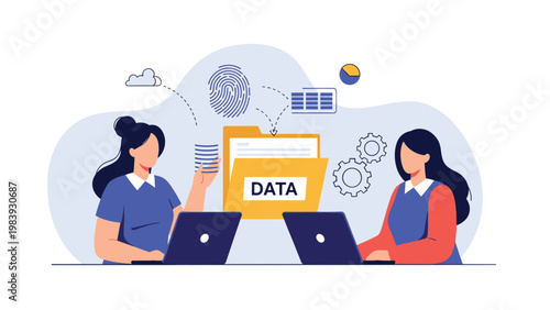 Two security experts working at laptops while analyzing data folders, fingerprints, and digital codes for information protection and privacy.