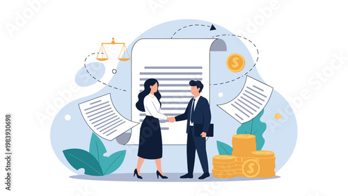 Two business professionals shaking hands in agreement in front of a large legal contract and stacks of shining gold coins in an office.