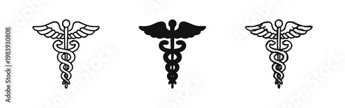 Caduceus medical symbol icon set with snakes and wings representing healthcare and medicine