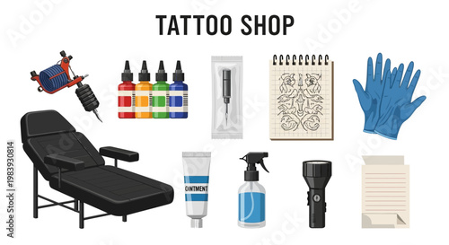 Collection of black and color vector illustrations of tattoo shop equipment and supplies