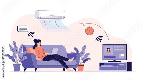 Young woman relaxes on a comfortable sofa while using a laptop to control various smart home devices like an air conditioner and TV.