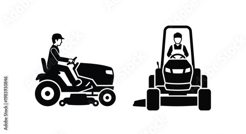 Two lawnmowers with operators shown in a stark black silhouette
