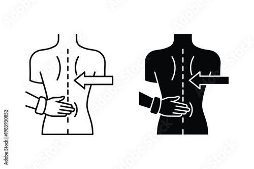 Human spine alignment check with doctor's hand and arrow, flat design vector illustration