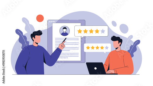 Two male professionals review an online user profile or resume with five star ratings to evaluate a candidate performance or feedback.