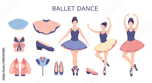 Illustration of ballet dancers and assorted dance attire components