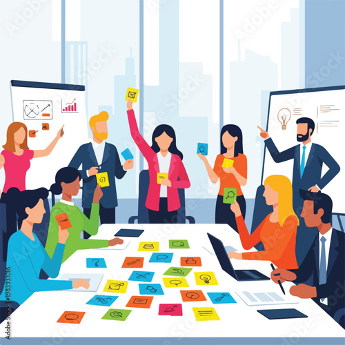 Business people discussing colorful sticky notes.