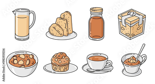 Eight cartoon illustrations of breakfast or snack items in two rows