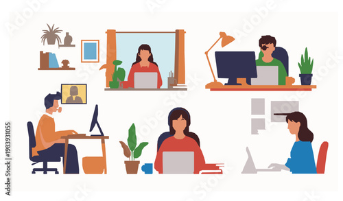 Home coworking freelancers remote work lifestyle cartoon vector